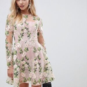 ASOS DESIGN Floral Lace Mini skater dress embroidered fit and flare long sleeve